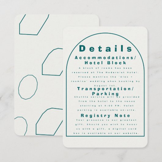 Transformative Teal Modern Craft Wedding Details Kaart (Voorkant / Achterkant)