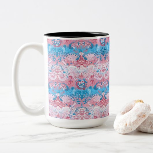 Transgender Dragon Damask - Trans Pride Flag Kleur Tweekleurige Koffiemok (Met donut)