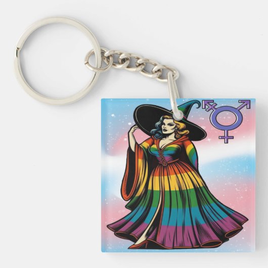 Transgender heks in regenboogvlag kleding sleutelhanger (voorkant)