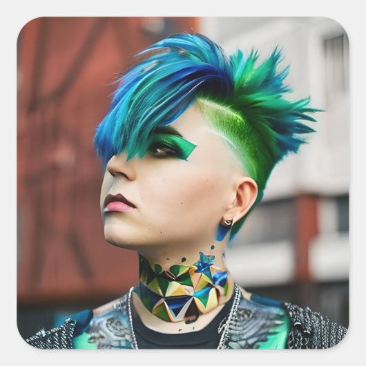 Transgender Persoon met Blauwe en Groene Mohawk Vierkante Sticker (Voorkant)