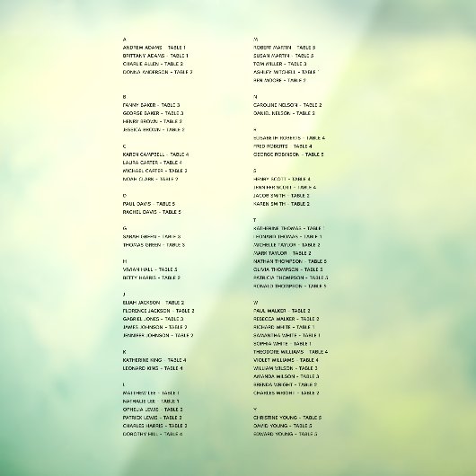 Transparant alfabetisch zitplaatskaart Alleen name Raamsticker (Vel 3)