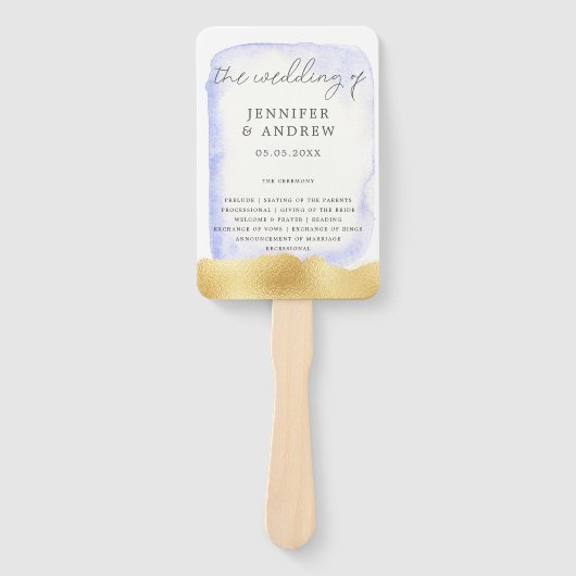 Transparant Blauw Gouden Folie Huwelijksprogramma Handwaaier (Voorkant)