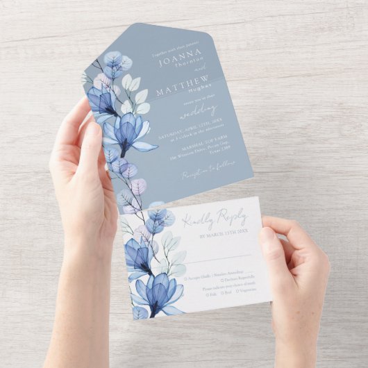 Transparant Bloemen Monogram Stoffig Blauw Bruilof All In One Uitnodiging (Afscheurbaar)