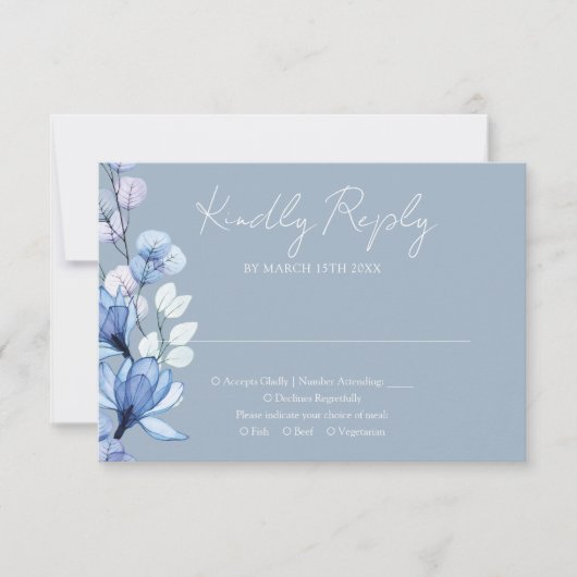 Transparant Bloemen Monogram Stoffig Blauw Bruilof RSVP Kaartje (Voorkant)