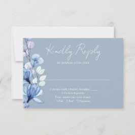 Transparant Bloemen Monogram Stoffig Blauw Bruilof RSVP Kaartje