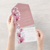 Transparant Bloemen Monogram Stoffig Roos Bruiloft All In One Uitnodiging (Afscheurbaar)