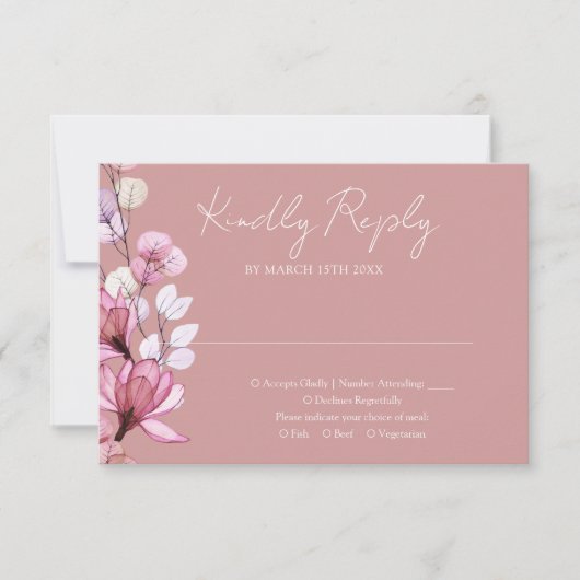 Transparant Bloemen Monogram Stoffig Roos Bruiloft RSVP Kaartje (Voorkant)