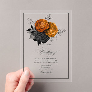 Transparant gotische oranje en zwarte bloemen brui acryl uitnodigingen