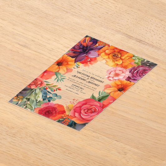 Transparant Kleurrijke Bloemen Mexicaanse Fiesta b Acryl Uitnodigingen (Laagn)