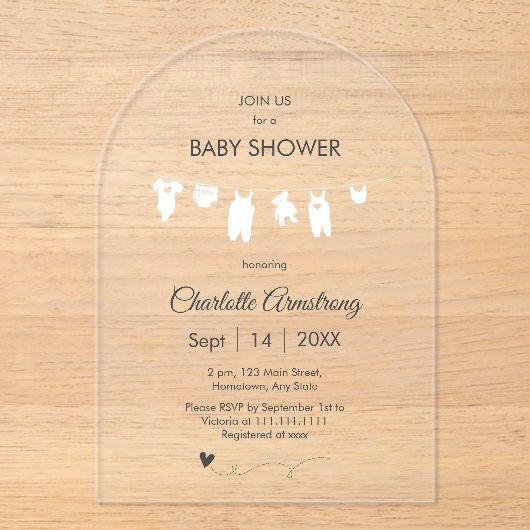 Transparant minimalistisch Baby shower Acryl Uitnodigingen (Voorkant)