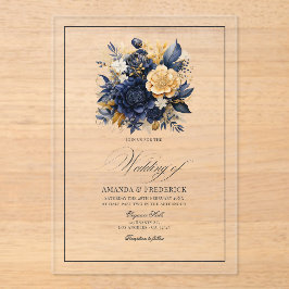 Transparant Navyblauw en Gouden Bloem Bruiloft Acryl Uitnodigingen