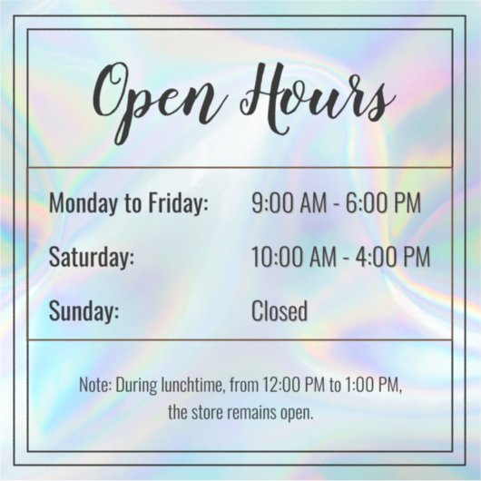 Transparant Open Hours Sticker (Voorkant)