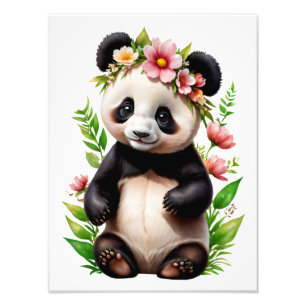 Transparant Panda Beer met bloemen Foto Afdruk