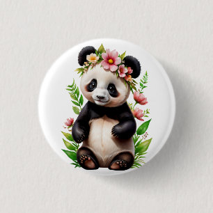 Transparant Panda Beer met bloemen Ronde Button 3,2 Cm