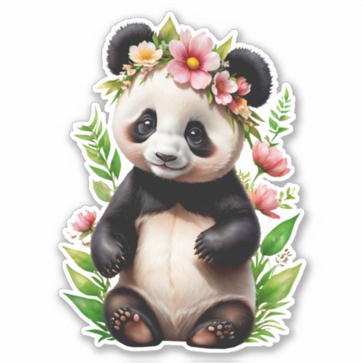 Transparant Panda Beer met bloemen Sticker (Voorkant)
