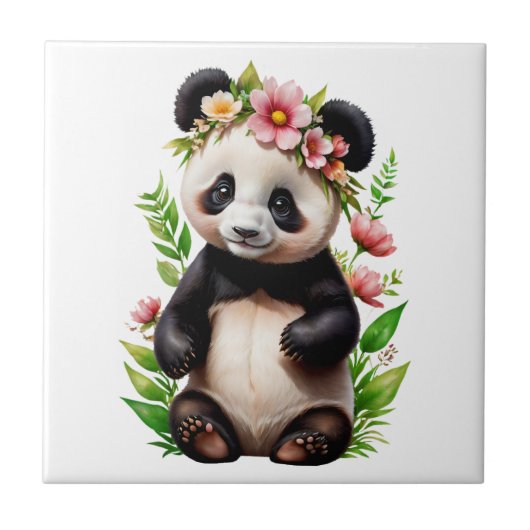 Transparant Panda Beer met bloemen Tegeltje (Voorkant)