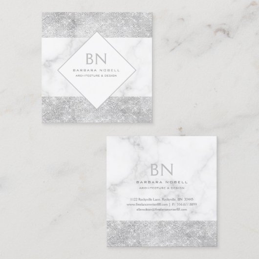 Transparant Shimmer Silver Marble Monogram Vierkante Visitekaartje (Voorkant / Achterkant)