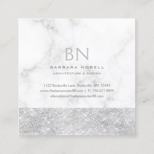 Transparant Shimmer Silver Marble Monogram Vierkante Visitekaartje (Achterkant)