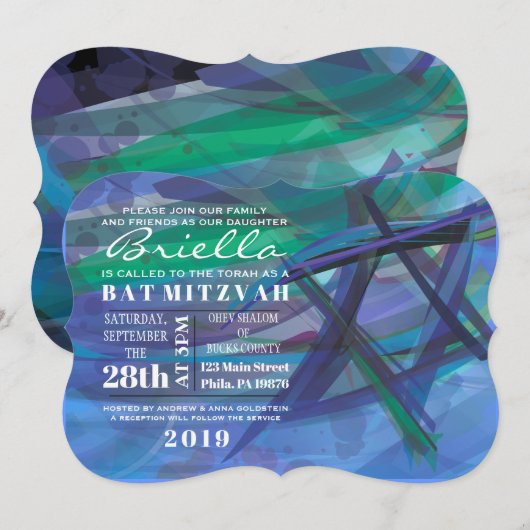 TRANSPARANT STAR Bat Bar Mitzvah Uitnodigingsblauw Kaart (Voorkant / Achterkant)