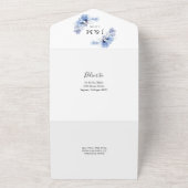 Transparant Stoffig Blauw Bloemen Monogram Bruilof All In One Uitnodiging (Buitenkant)