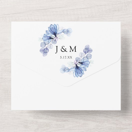 Transparant Stoffig Blauw Bloemen Monogram Bruilof All In One Uitnodiging (Achterkant)