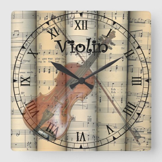 Transparant Violin ~ Rolled vel Music ~ Vierkante Klok (Voorkant)