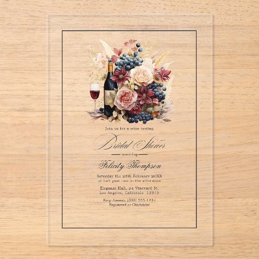 Transparante Acryl Wijn en Bloemrijke Bruidsdouche Acryl Uitnodigingen (Voorkant)