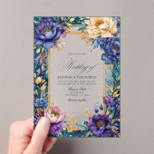 Transparante Blauwgroen, Paarse en gouden bloemenb Acryl Uitnodigingen (Insitu (Draagbaar))
