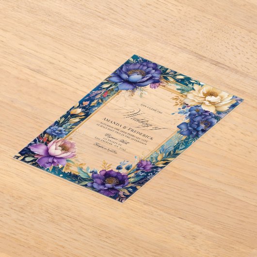 Transparante Blauwgroen, Paarse en gouden bloemenb Acryl Uitnodigingen (Laagn)