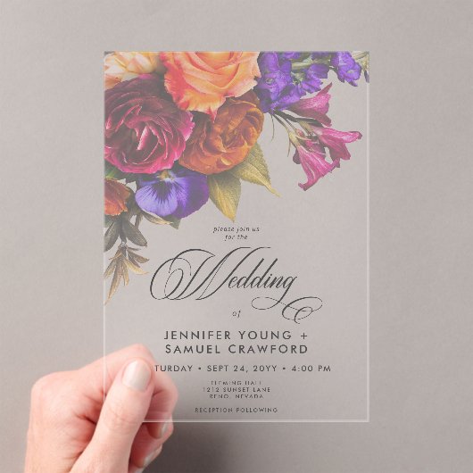 Transparante Elegante Moody Vibrant Bloemen Huweli Acryl Uitnodigingen (Insitu (Draagbaar))