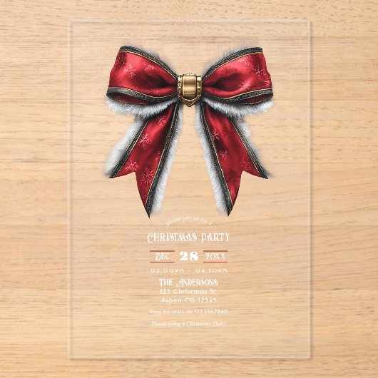 Transparante Elegante Red Bow Kerstfeest Acryl Uitnodigingen (Voorkant)
