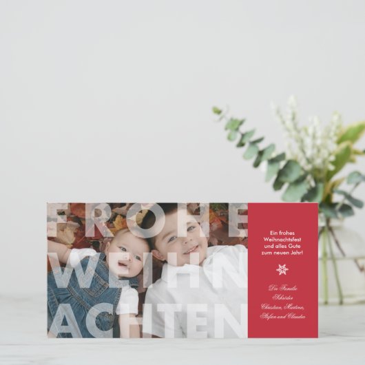 Transparante Frohe Weihnachten in rode fotokaart Feestdagenkaart (Staand voorkant)
