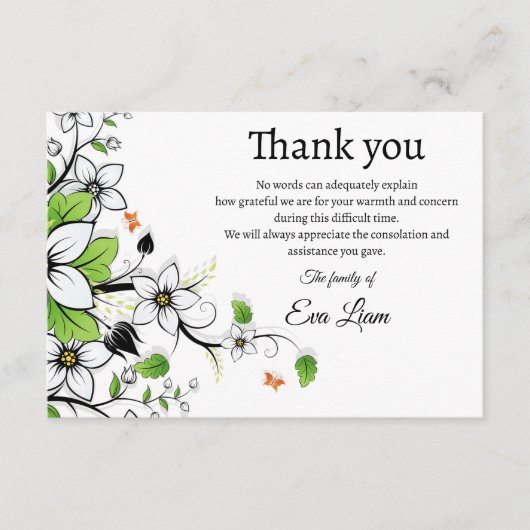 Transparante groene bloemenbegrafenis dank je kaar informatiekaartje (Voorkant)