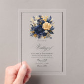 Transparante Marine Blauw en Goud Bloemen Huwelijk Acryl Uitnodigingen (Insitu (Draagbaar))