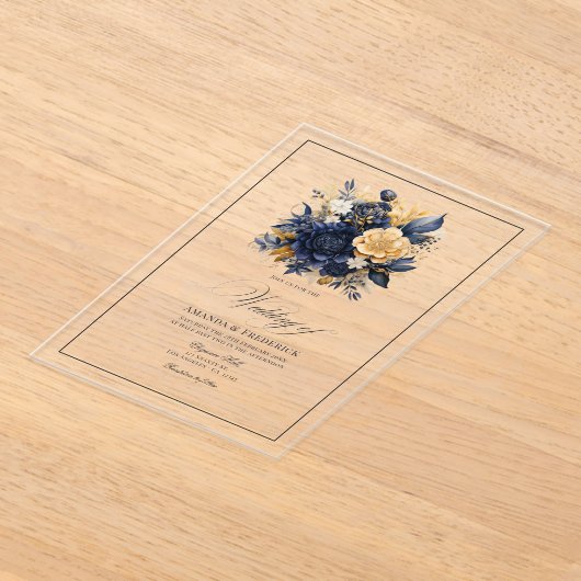 Transparante Marine Blauw en Goud Bloemen Huwelijk Acryl Uitnodigingen (Laagn)
