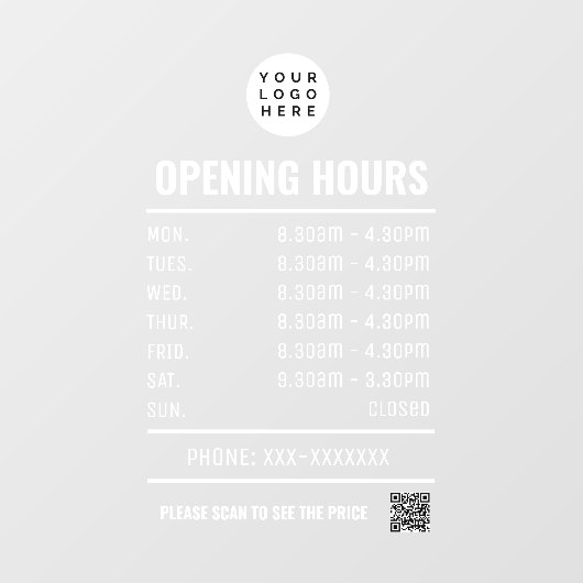 Transparante openingstijden met QR-code Raamsticker (Vel)