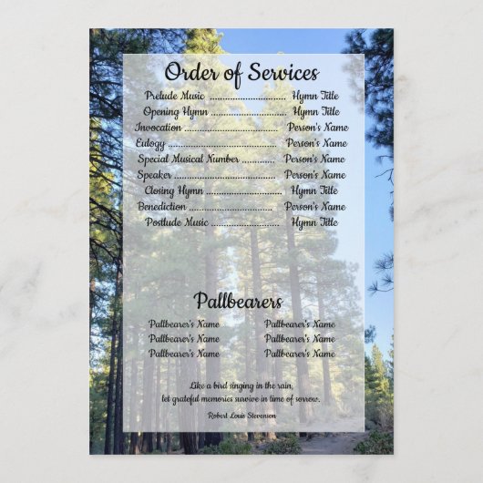 Transparante Pine Tree Forest Quote Foto's Begrafe Programmakaart (Achterkant)