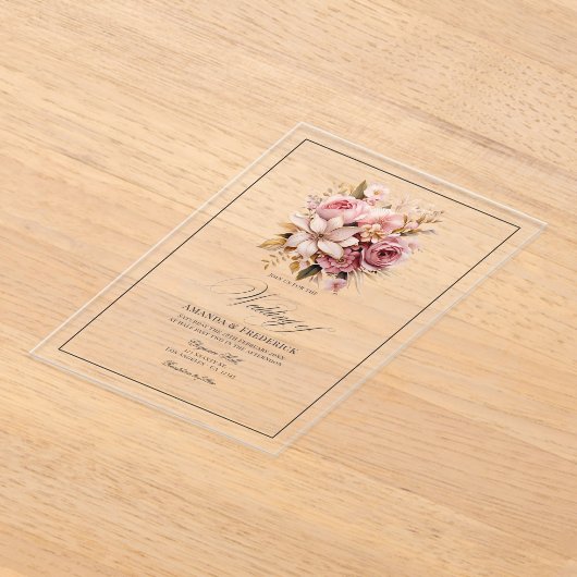 Transparante roze en gouden bloemenbruiloft acryl uitnodigingen (Laagn)