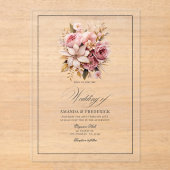 Transparante roze en gouden bloemenbruiloft acryl uitnodigingen (Voorkant)