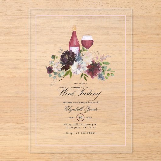 Transparante wijnproeverij vrijgezellenfeest acryl uitnodigingen (Voorkant)