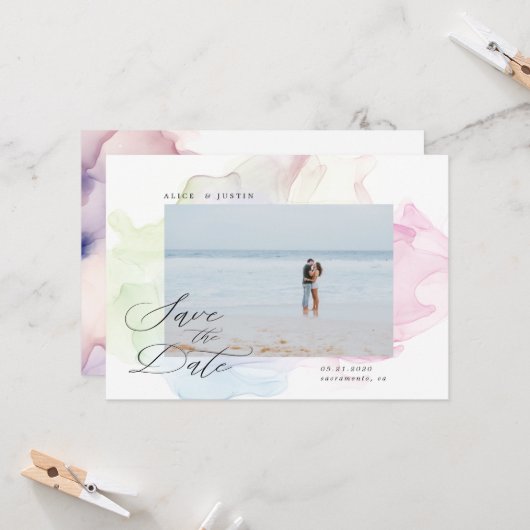 Transparante zijde Moderne foto Save the Date Kaart (Voorkant / Achterkant in situ)