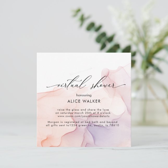 Transparante zijde virtuele douche uitnodiging (Staand voorkant)