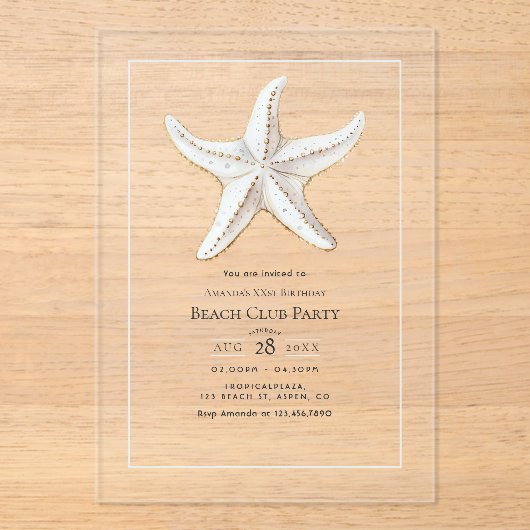 Transparent Coastal Chic Beach Club Birthday Party Acryl Uitnodigingen (Voorkant)