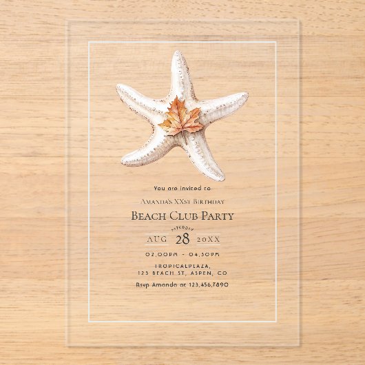 Transparent Coastal Chic Fall Beach Club Party Acryl Uitnodigingen (Voorkant)
