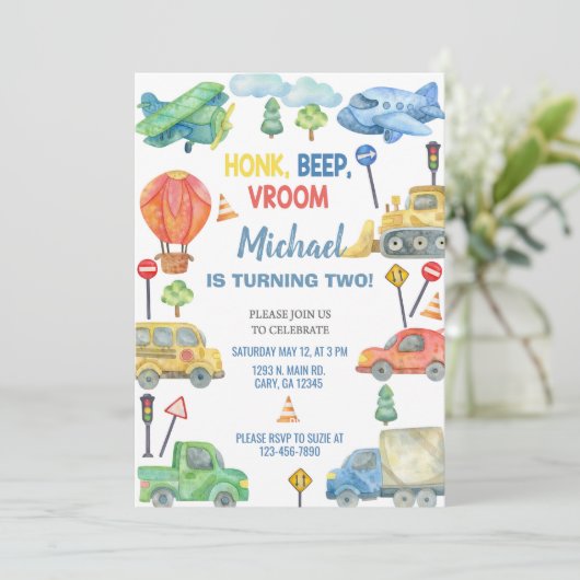 Transport, vervoers jongen verjaardag uitnodiging. kaart (Staand voorkant)