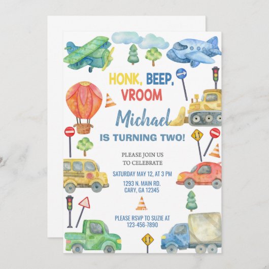 Transport, vervoers jongen verjaardag uitnodiging. kaart (Voorkant / Achterkant)