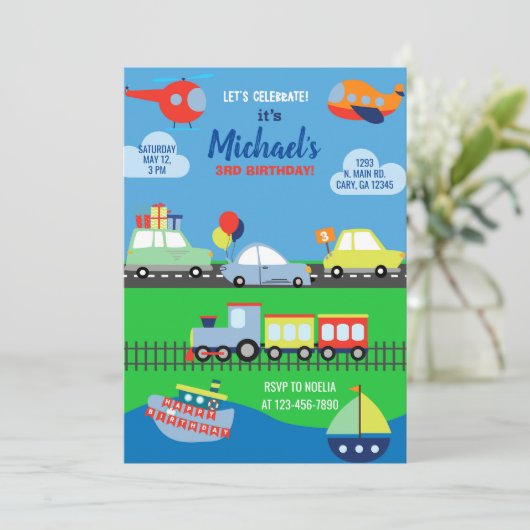 Transport, vervoers jongen verjaardag uitnodiging. kaart (Staand voorkant)