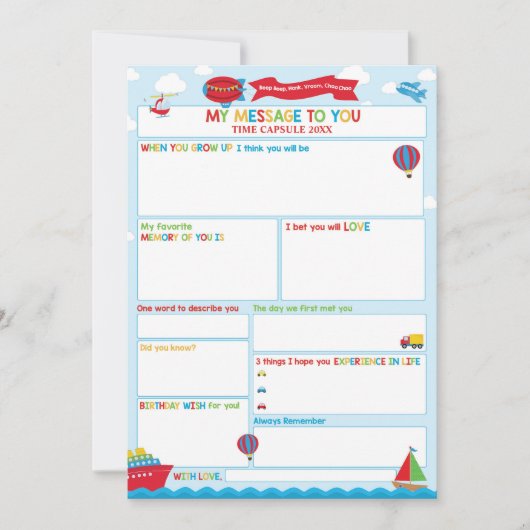 Transportation Activity Time Capsule Message Card  Kaart (Voorkant)