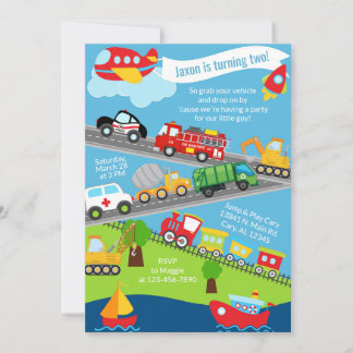 Transportation vehicles boy birthday invite. kaart
