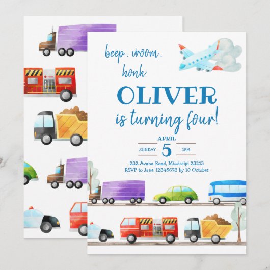 Transportjongen Birthday Invitation Kaart (Voorkant / Achterkant)